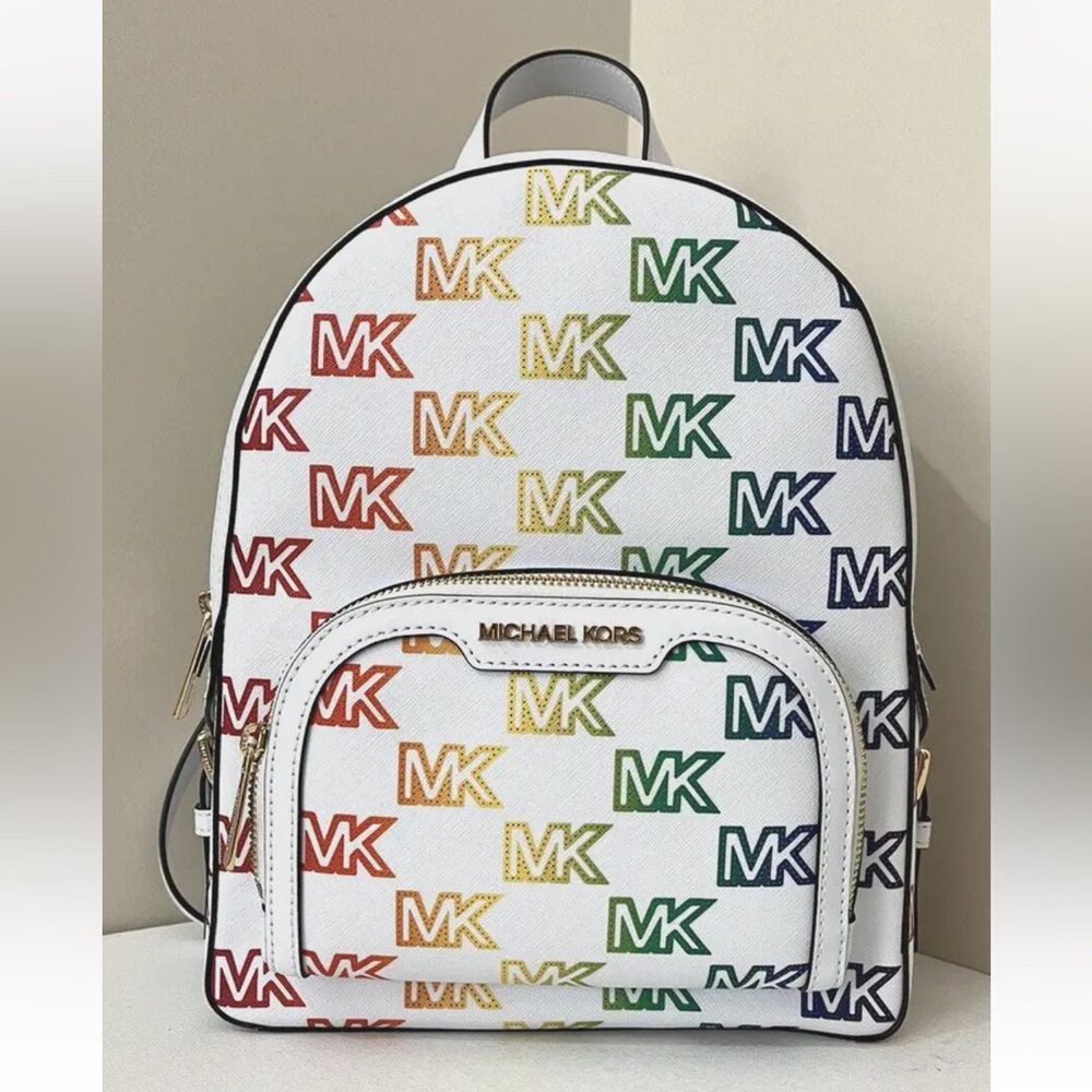 New Michael Kors Jaycee Medium Zip Pocket Backpack Rainbow Optic White Multi